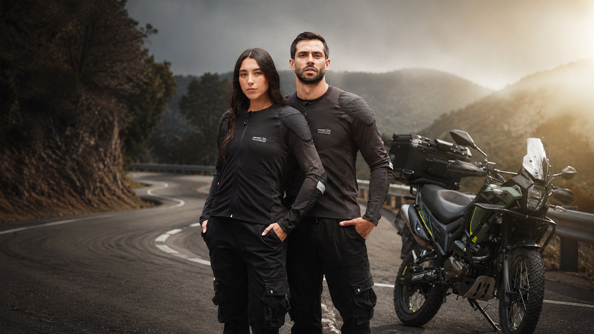 Body armor Xplorer de Pigmalion Moto: hombre y mujer con protección de impacto en carretera de montaña