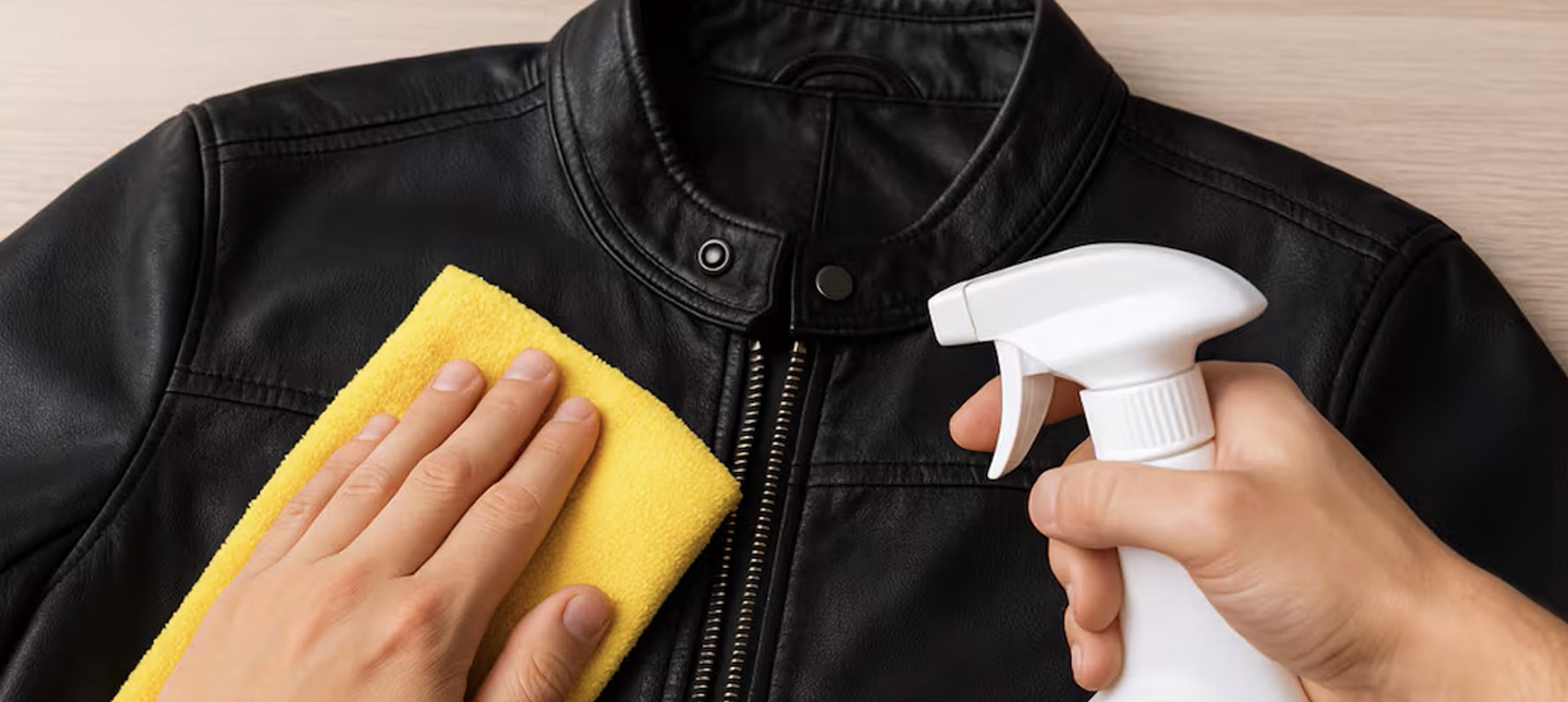 Persona limpiando una chaqueta de moto negra con un paño de microfibra y spray limpiador
