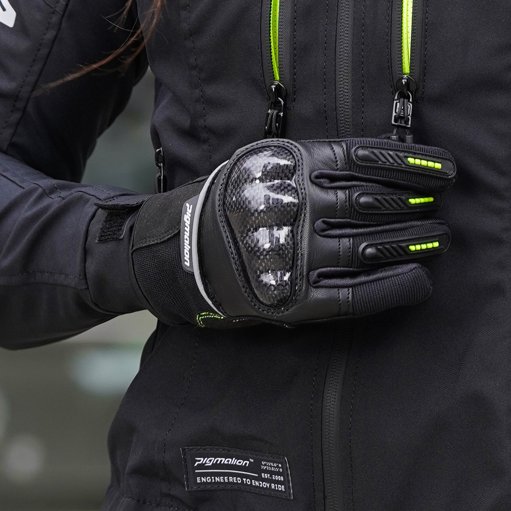 Guantes para moto protección Vortex neón fibra carbono Pigmalion